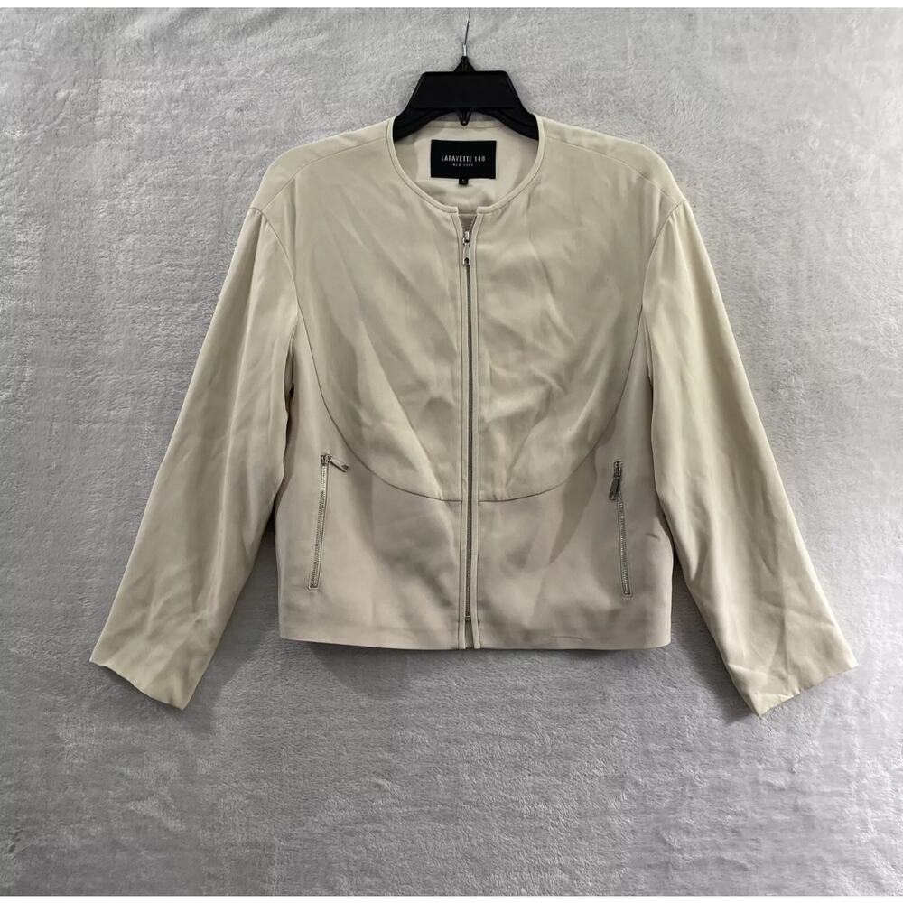 Lafayette 148 Womans Full Zip Jacket Beige Petite P Polyester Long Sleeve Round